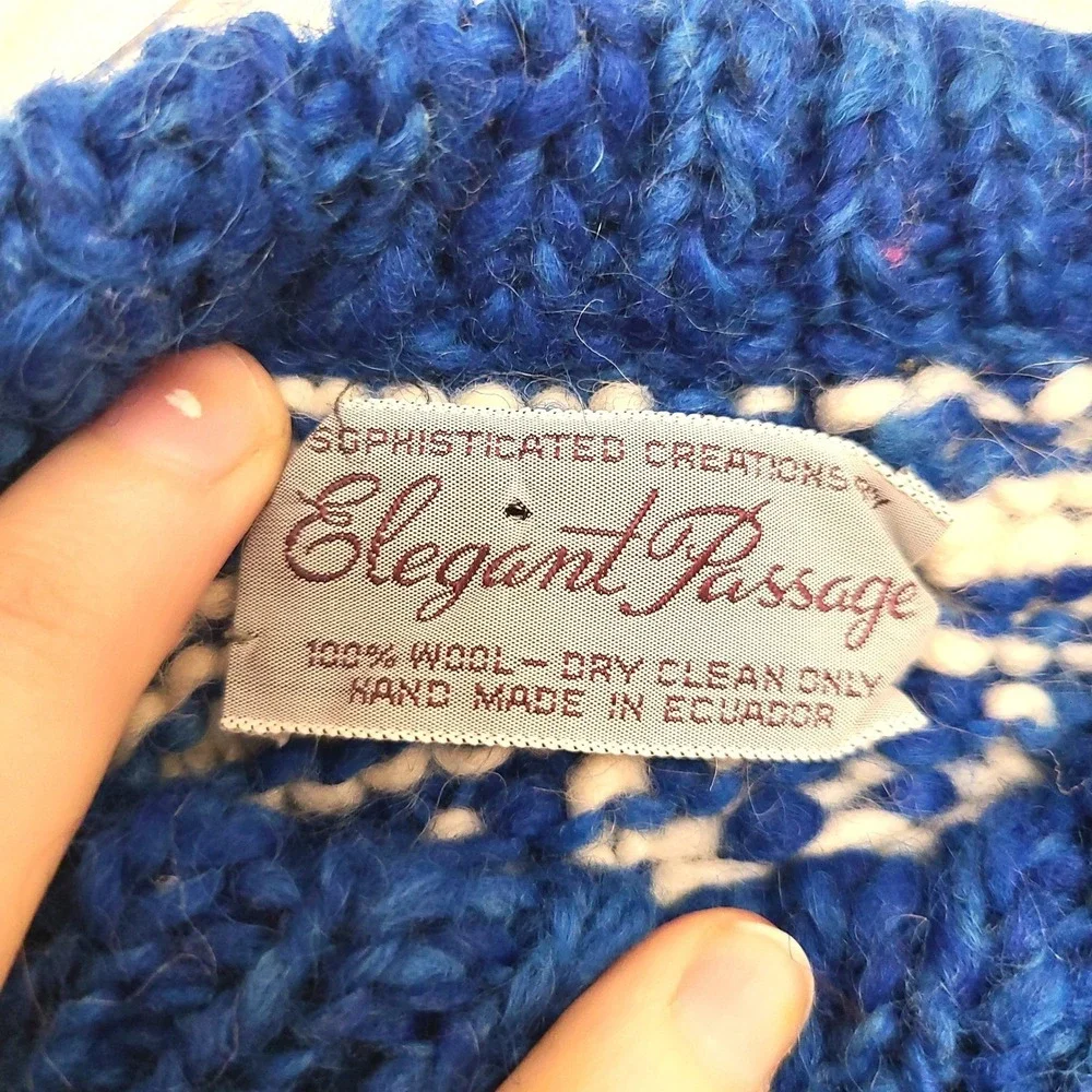 Vintage Elegant Passage‎ Sz L Blue 100% Wool Heavyweight Fisherman Sweater Cozy
